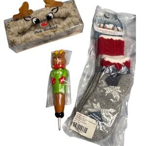 MinxNY Plush Reindeer Headband Christmas Squish Pen Cozy Socks Set Gifts for her
